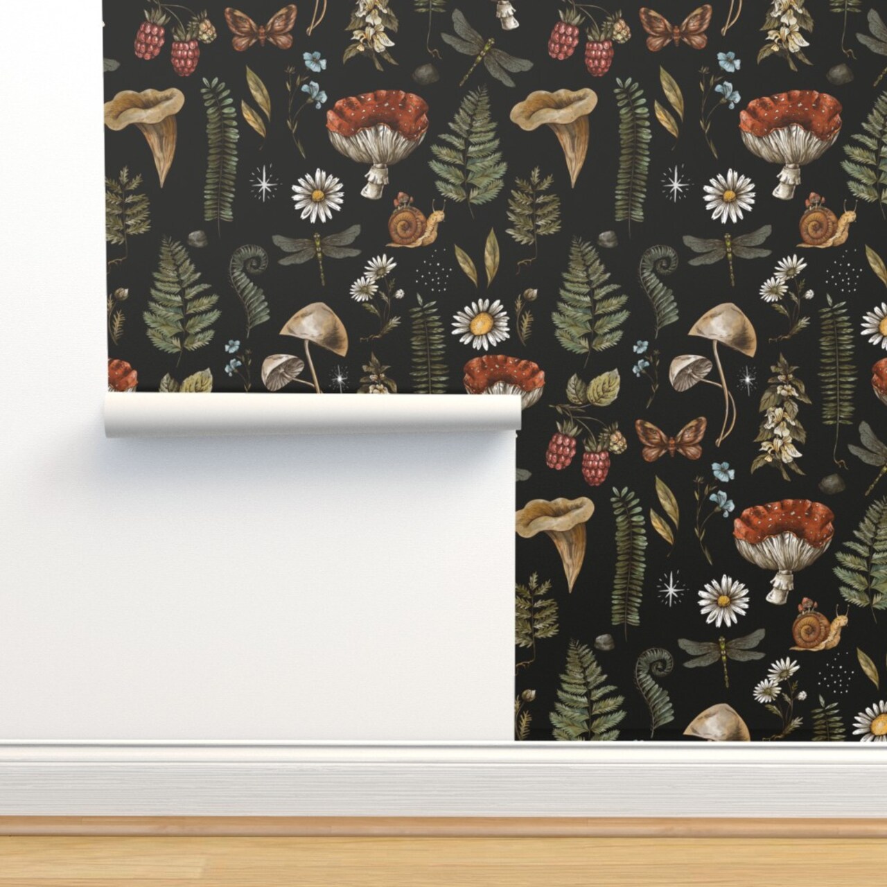 Woodland Fern Moth Dragonfly mushrooms Wildflowers Fly Agaric Amanita Witchcraft Nature Forest Custom Pre-pasted Wallpaper by Spoonflower Pre-Pasted Wallpaper 2FT Wide